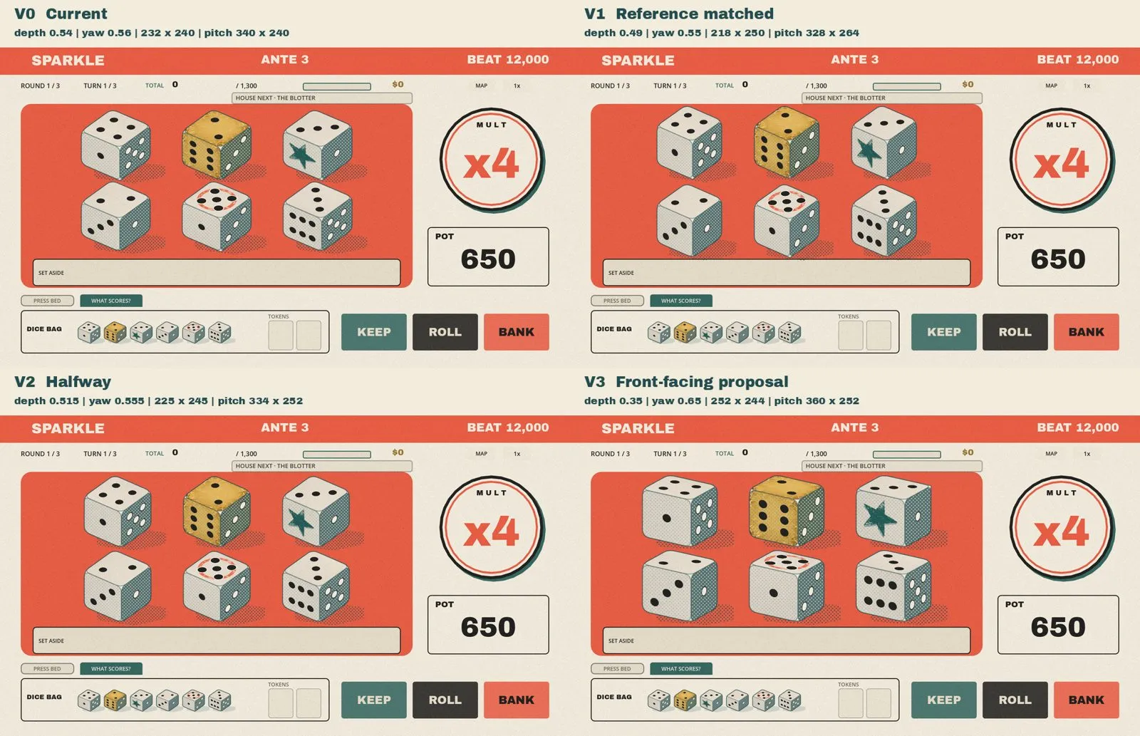 Four versions of the same dice board side by side, each with a different dice proportion.