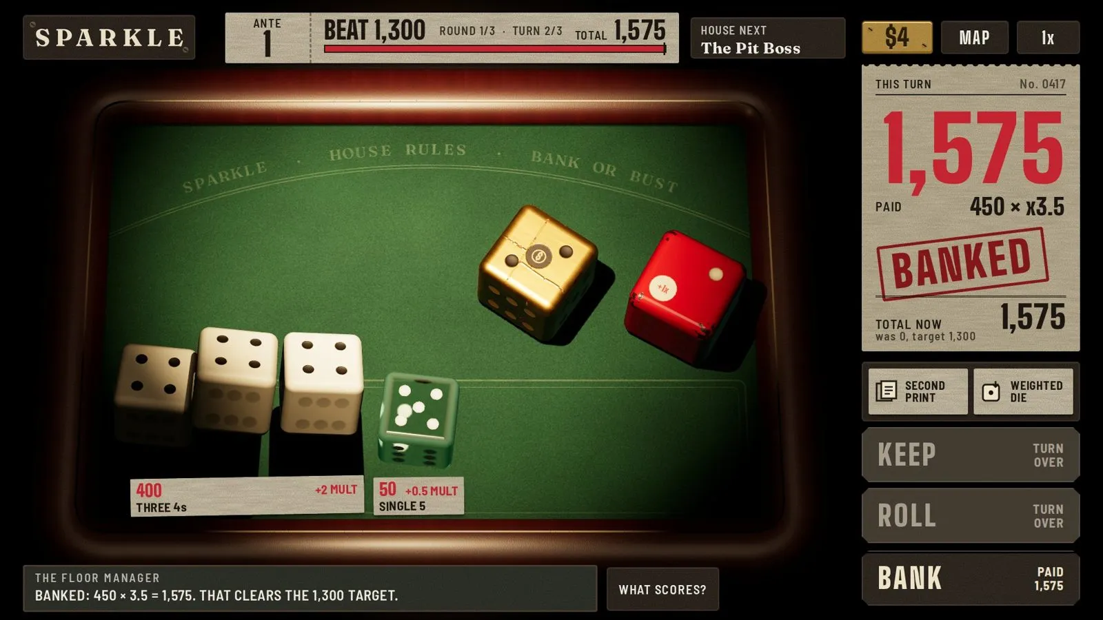 The Back Room concept: a dark green casino table under a lamp, 1,575 banked.