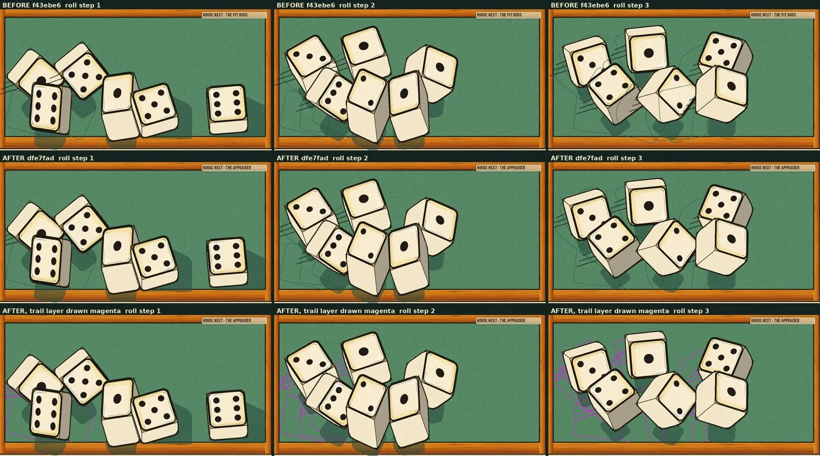 Nine frames of a dice roll on the green table, before and after a motion trail fix.