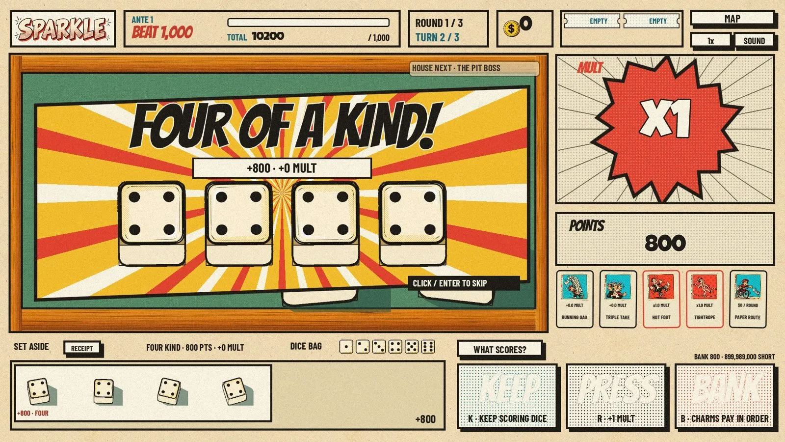 Four of a kind in Sparkle: four dice under a starburst, plus 800 points.