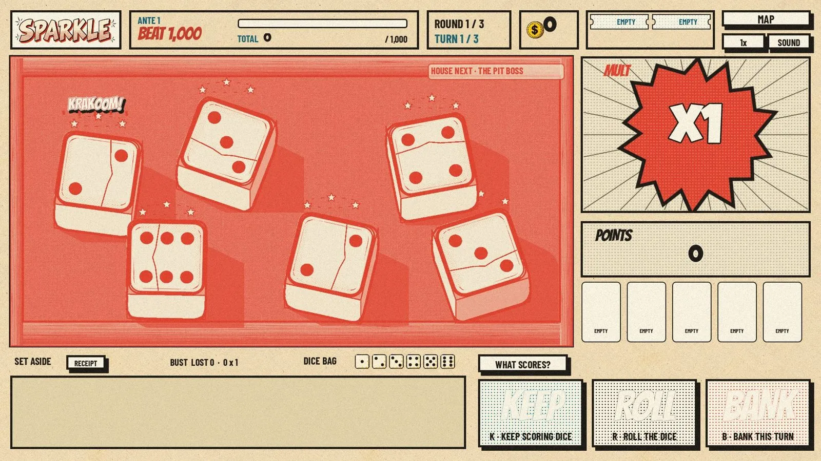 A bust in Sparkle: six cracked dice on a red table with a KRAKOOM burst.