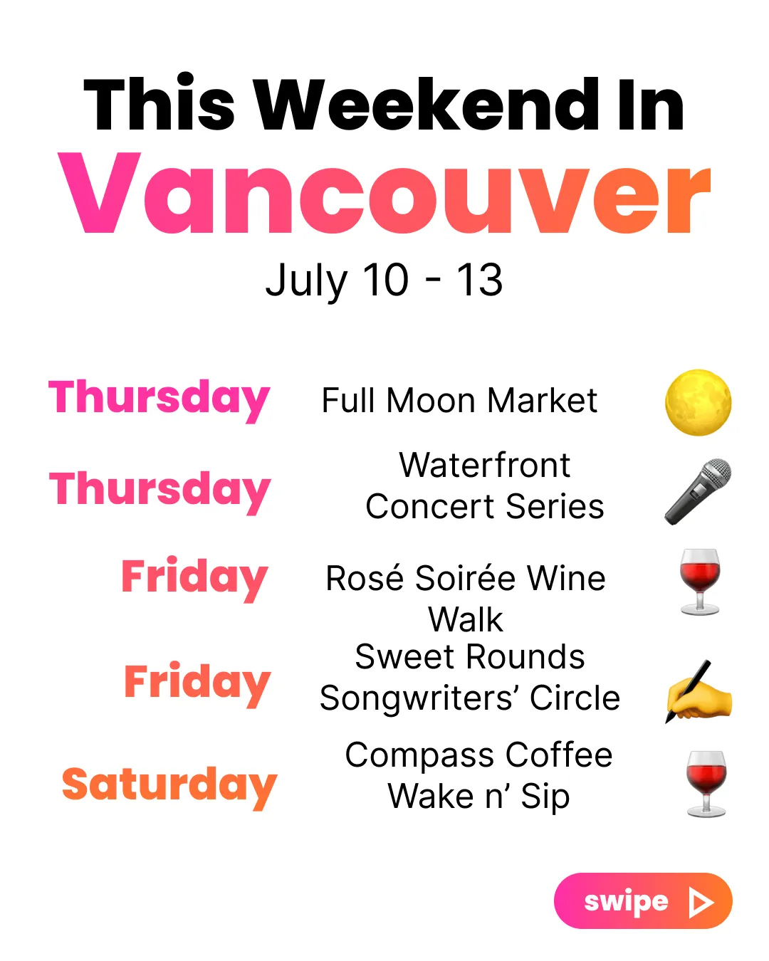 Couve Culture Instagram slide listing Vancouver events by day for July 10 to 13.