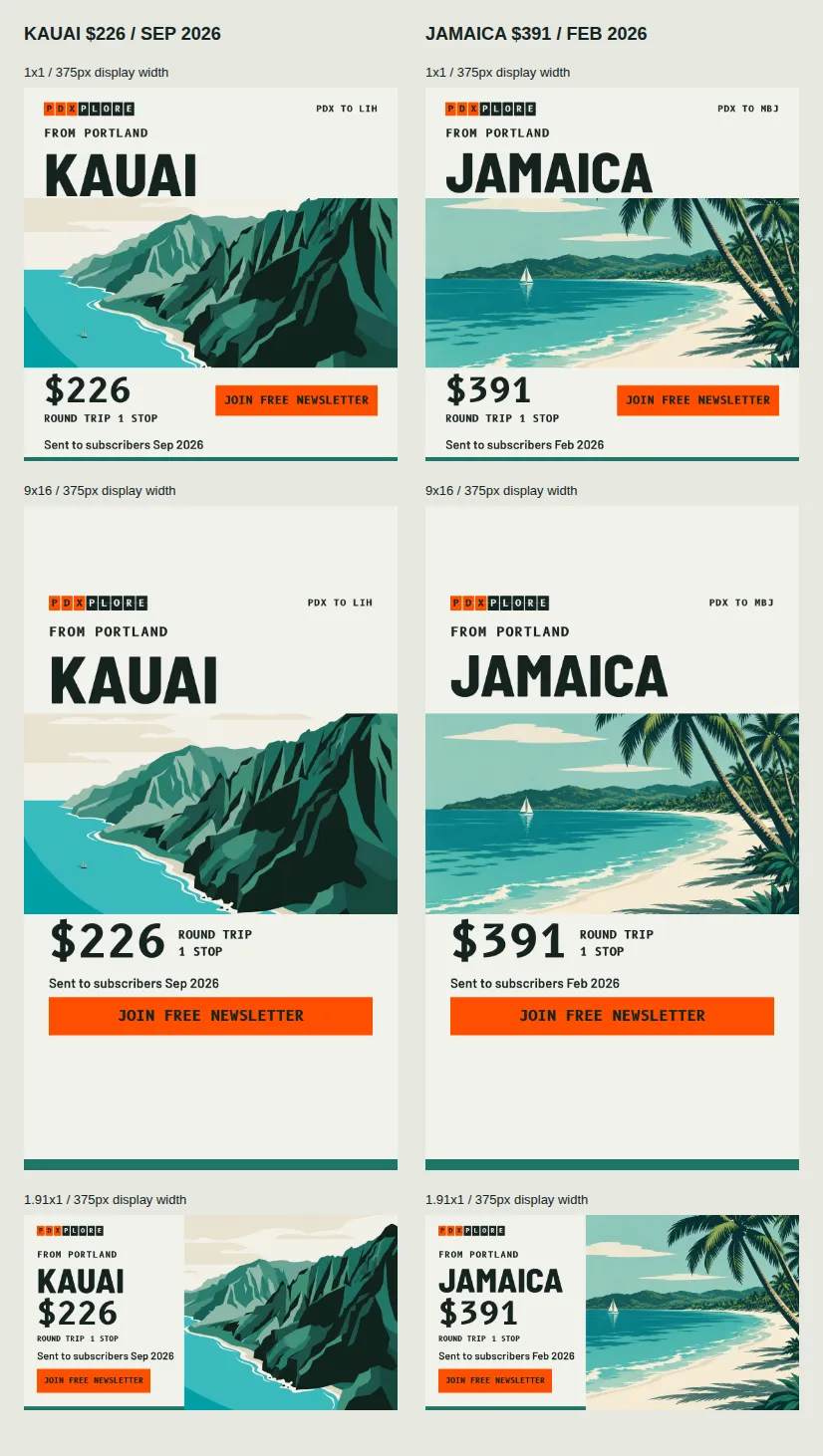 PDXplore Kauai and Jamaica ad concepts in square, vertical and wide formats.