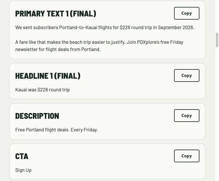 PDXplore ad review with separate Copy buttons for primary text, headline, description, and call to action.
