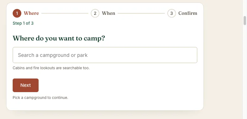 Park Banter alert setup, showing an empty campground search and the Where, When, Confirm steps.