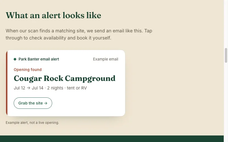 Park Banter's public example email for Cougar Rock Campground, labeled Example email and not a live opening.