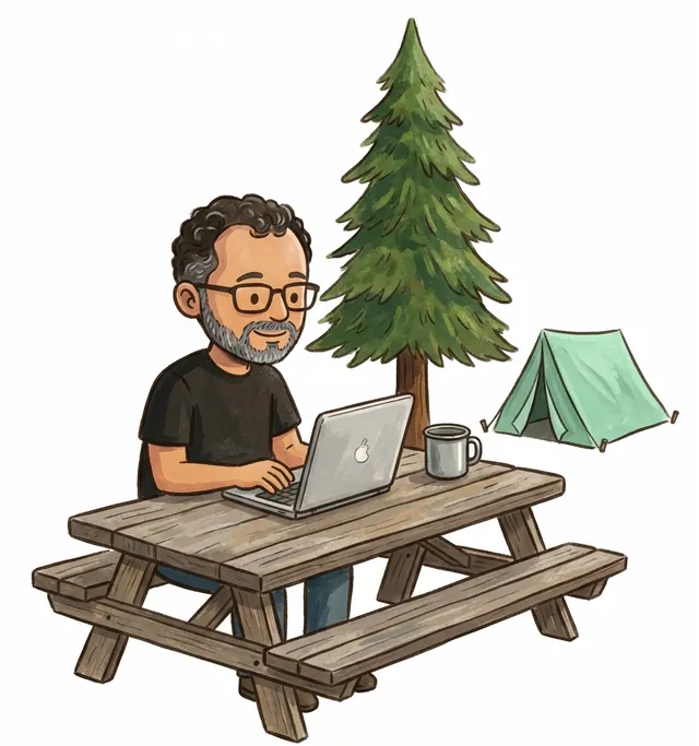 Jay at a picnic table under a pine, typing on a laptop, a tent behind him and a sparrow on the table.